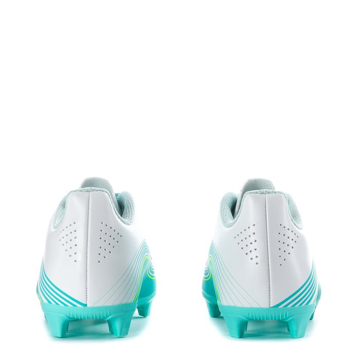 Kids soccer cleats back view: white heel with aqua outsole and F50 side stripes