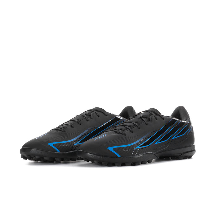 Mens black soccer cleat, side view with blue graphic lines and rubber stud sole