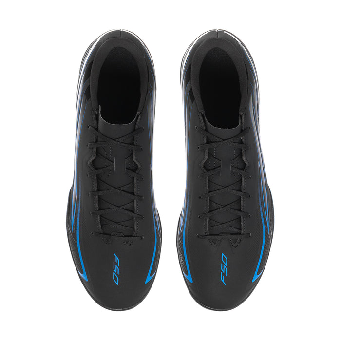 Mens black soccer cleat pair, front view showing lace pattern and blue logo details