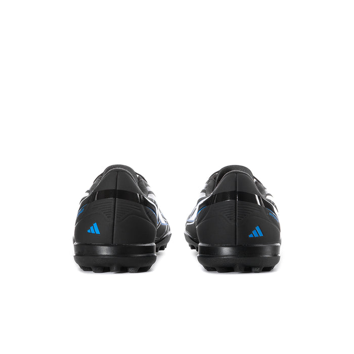 Mens black soccer cleat pair, heel and side view with blue branding and stud tread