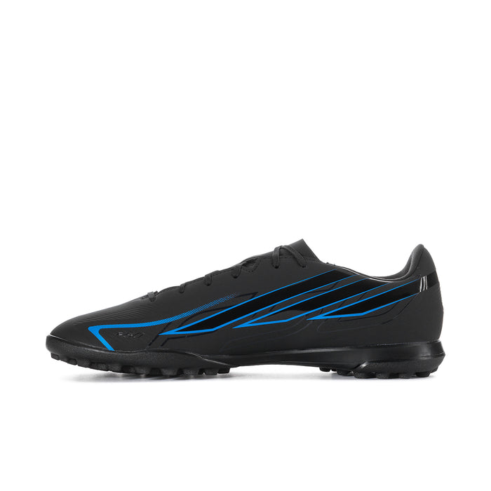 Mens black soccer cleat, angled side view with blue stripes and lace-up closure