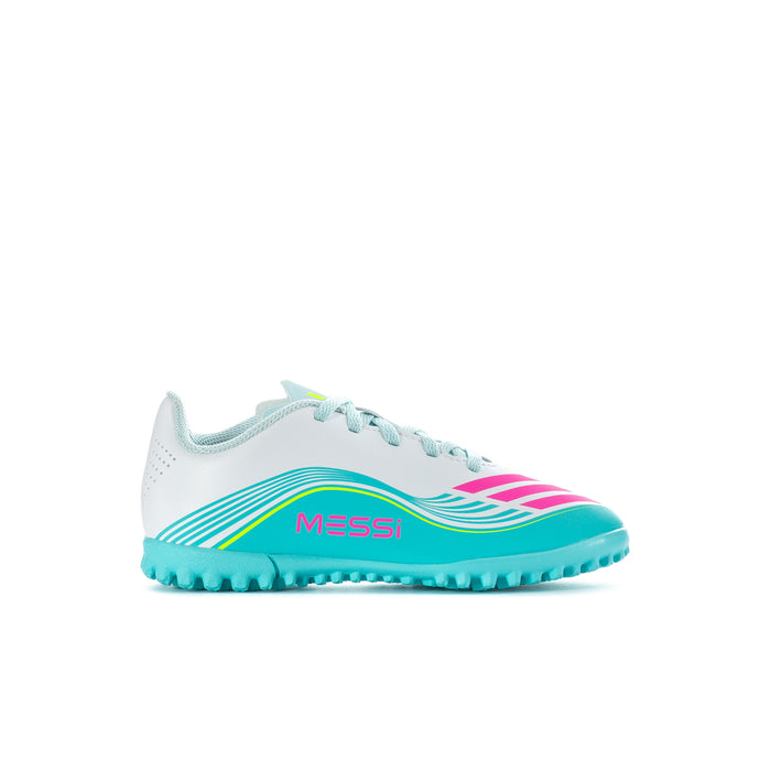 Kids soccer cleats in white with pink and aqua stripes, Messi logo on side