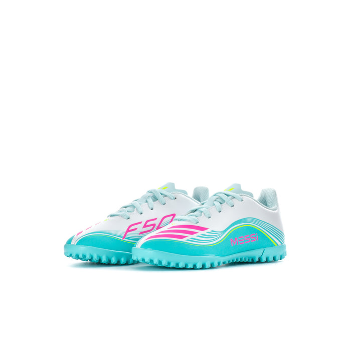 Kids soccer cleats, white upper with aqua sole and pink F50 stripes, side view