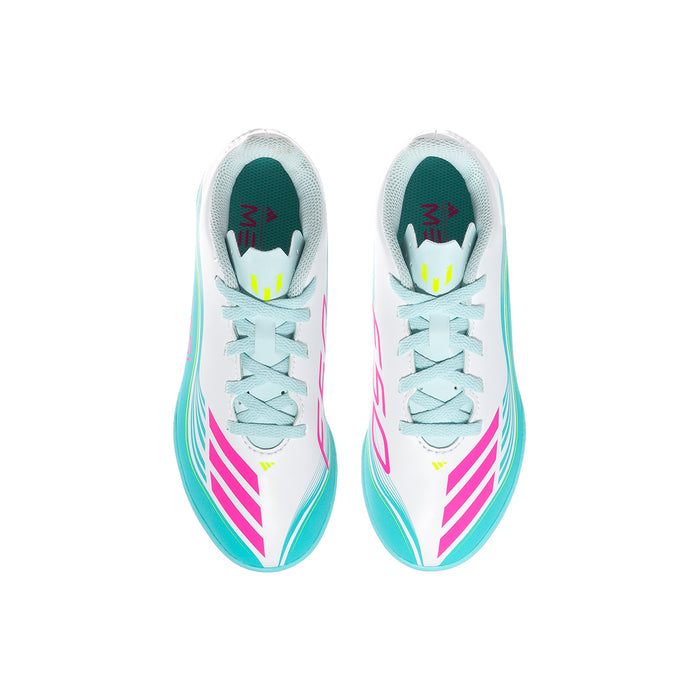 Kids soccer cleats pair front view, white with aqua accents and pink stripe detailing