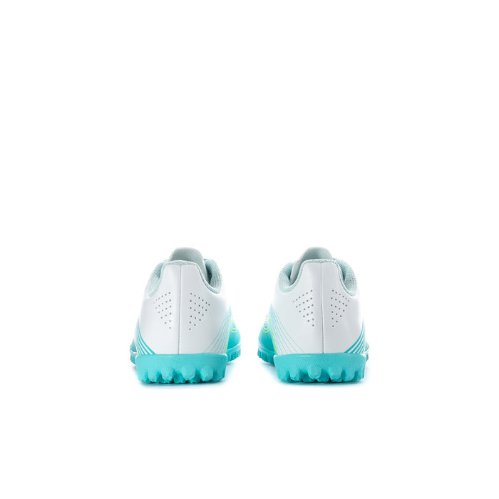 Kids soccer cleats heel view, white leather-look with aqua collar and bright outsole