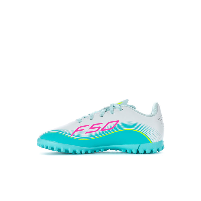 Kids soccer cleats profile view, white and aqua with pink F50 graphic and studs