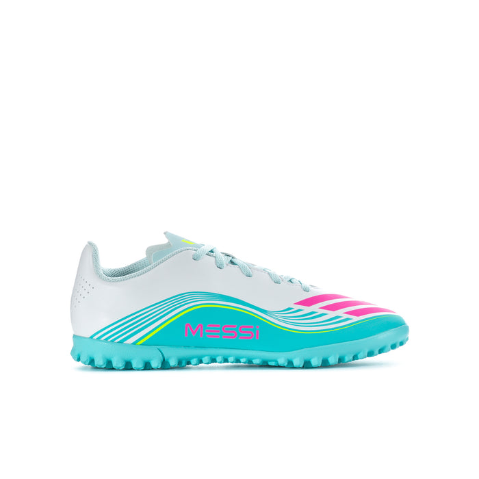 Youth soccer cleat in white with neon pink and aqua stripes, Messi detail, turf sole