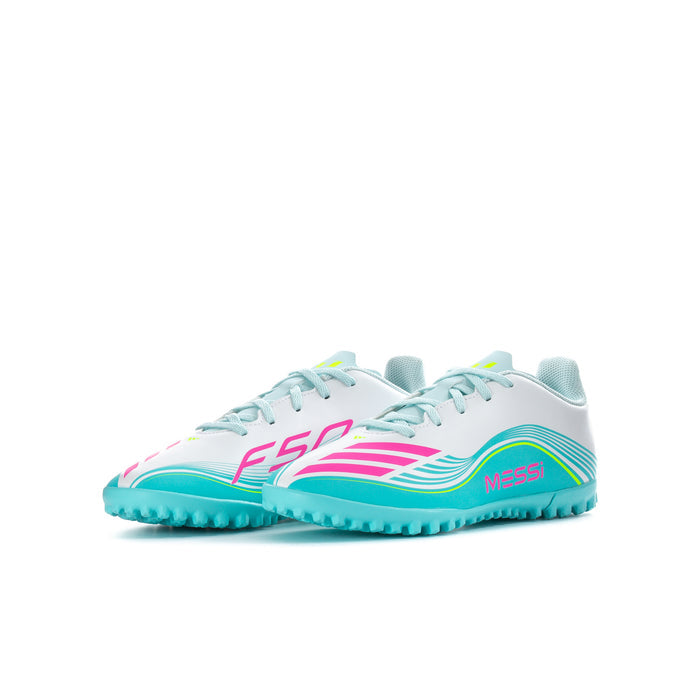 Youth Messi soccer cleat, white upper with F50 graphics, pink and aqua accents, turf tread