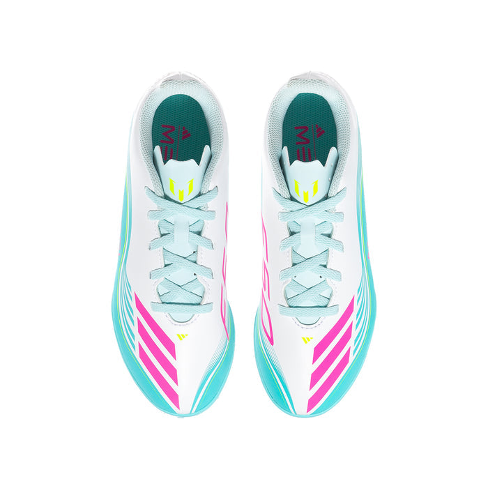 Pair of youth soccer cleats with white uppers, teal laces, pink stripe detailing, turf sole