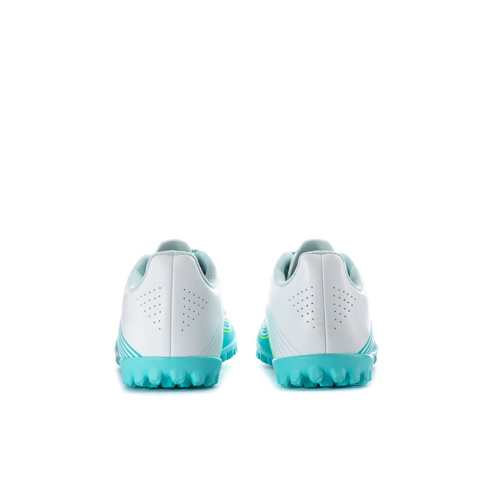 Youth soccer cleat heel view in white with aqua collar and teal-blue rubber outsole