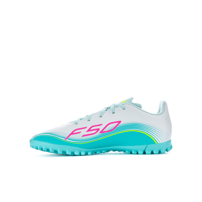 Youth soccer cleat front view in white with F50 logo, neon pink and aqua stripe overlays