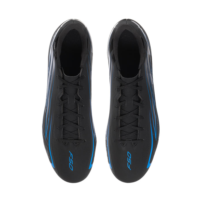 Pair of black soccer cleats with lace-up closure and blue accent lines
