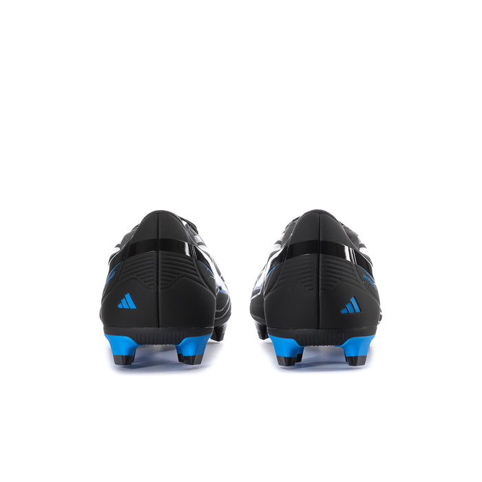 Men's black soccer cleats, heel view with blue trim and stud pattern