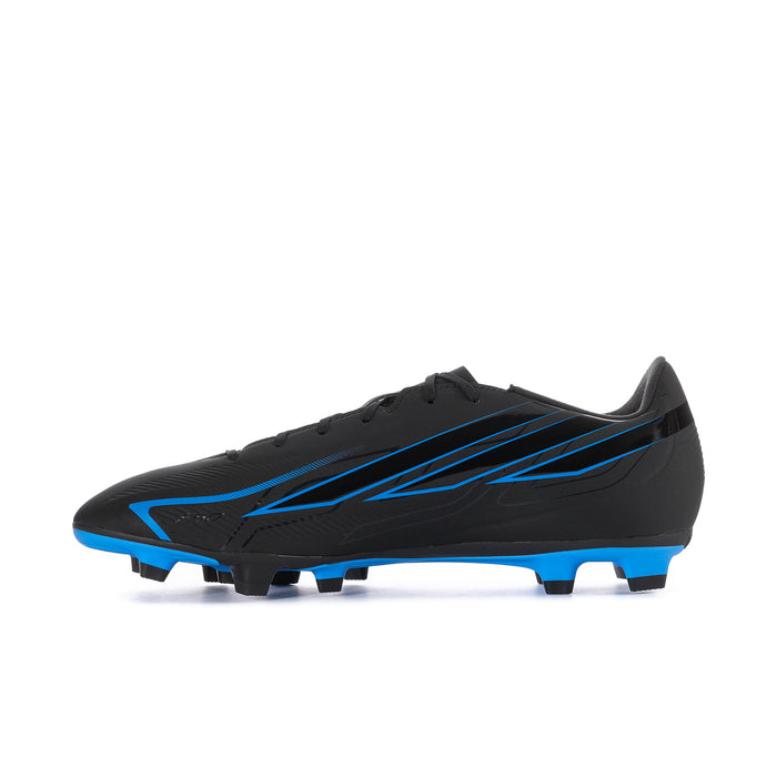 Men's black FG soccer cleat with blue speed stripe and lace-up front