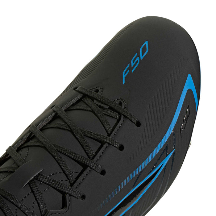 Black cleat upper with blue F50 logo and lace-up panel detailing