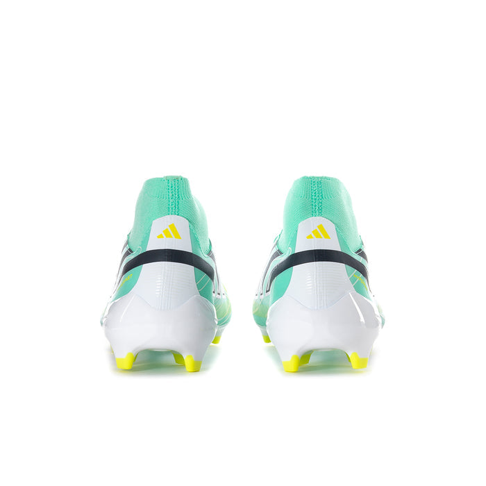 Pair of mint mid-cut soccer cleats heel view with white back and black stripe detail