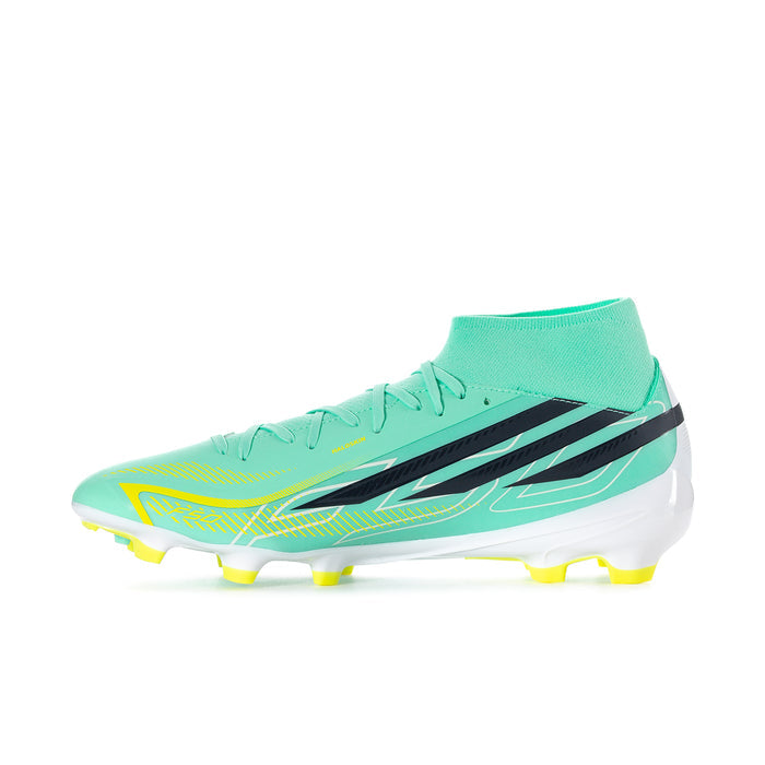 Men's mid-cut soccer cleat in mint with black stripes and bright yellow accents