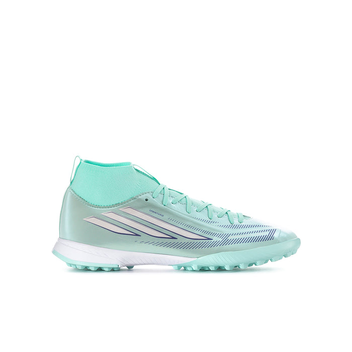 Youth soccer cleats in mint and white with striped uppers and molded studs