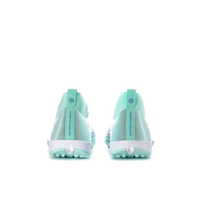 Youth soccer cleats, mint and white, rear view with heel tabs and molded outsole