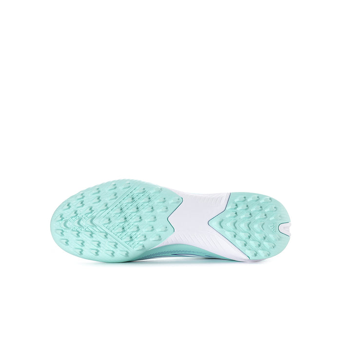 Youth soccer cleats outsole view with mint tread and white midsole details