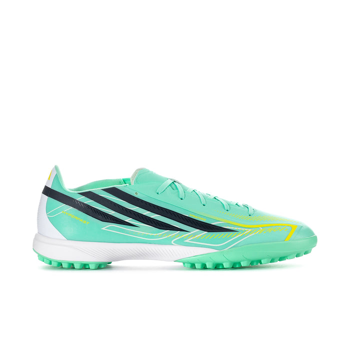 Mint and neon yellow soccer turf cleats for men, black stripes, lace-up