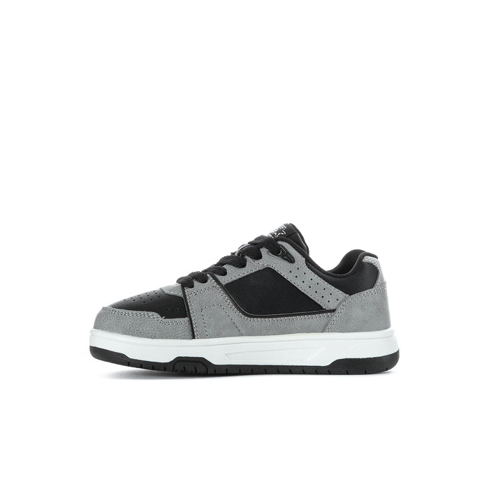 Kids lace-up low-top sneakers, black and gray uppers with white outsole trim