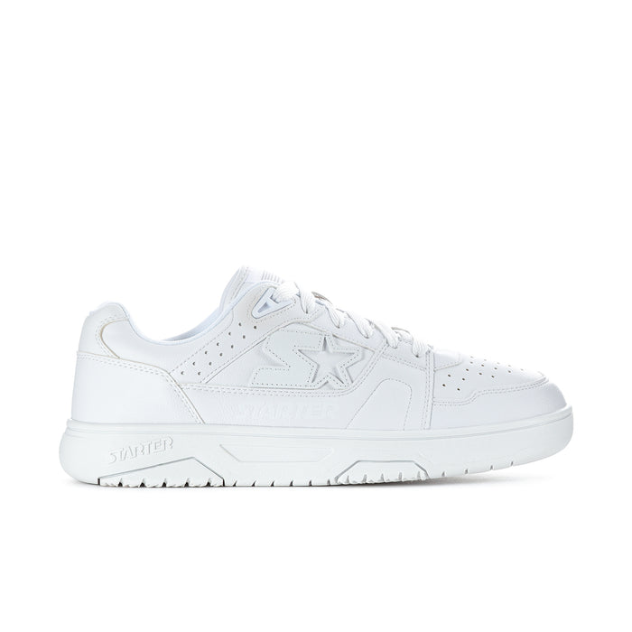Men's white low-top sneakers with side star logo and lace-up closure
