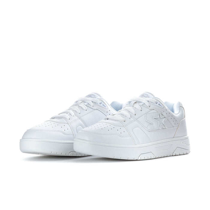 Pair of men's white low-top sneakers, side view with lace-up and panel stitching