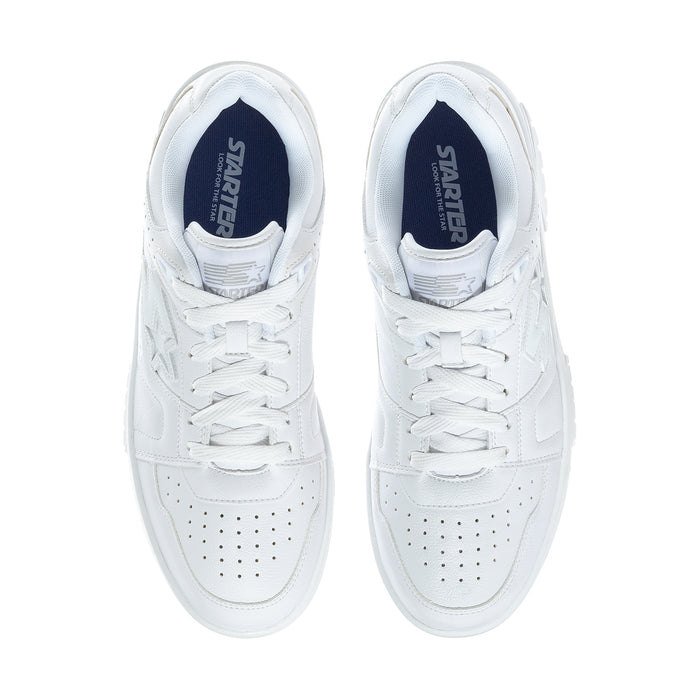 Men's white low-top sneakers with blue-lined collar and lace-up vamp
