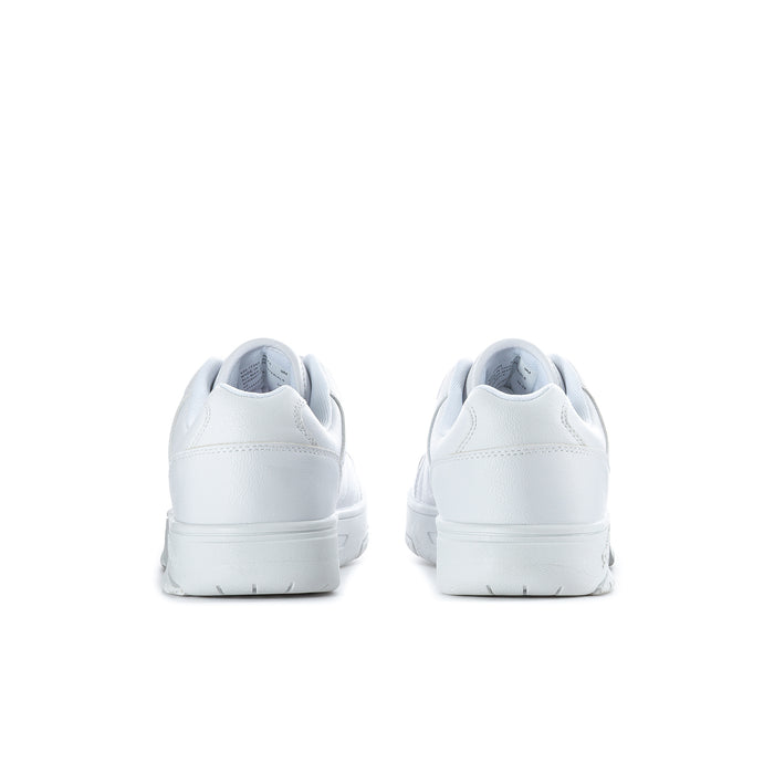 Men's white low-top sneakers back view with heel tab and cushioned collar
