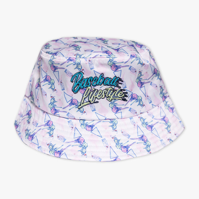 Adult model wearing hat with "Fastball Scoops Bucket" design