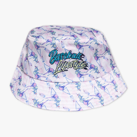 Adult model wearing hat with "Fastball Scoops Bucket" design