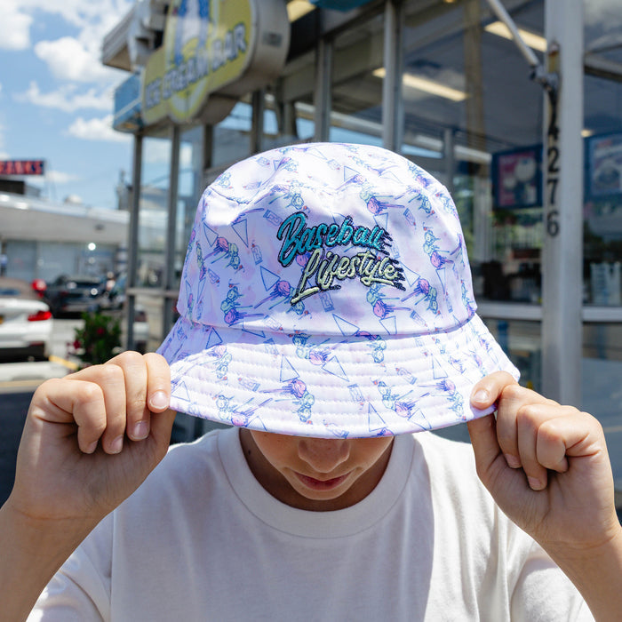 Adult model wearing hat with "Fastball Scoops Bucket" design
