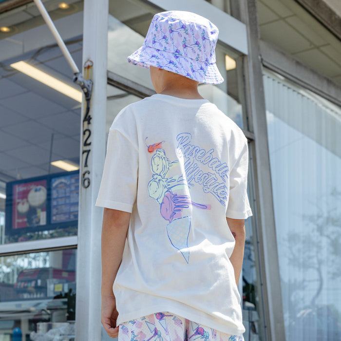 Adult model wearing hat with "Fastball Scoops Bucket" design