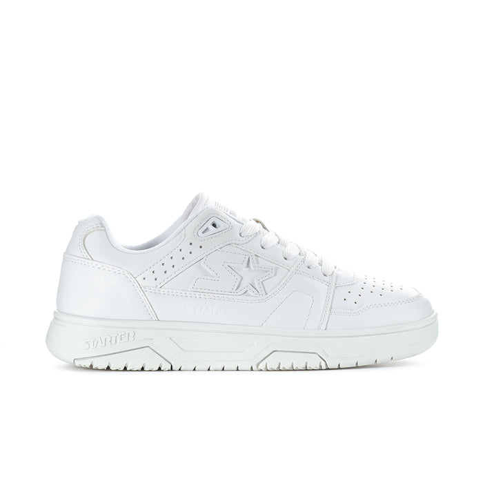 Women's white low-top sneakers, lace-up with perforated toe and padded collar