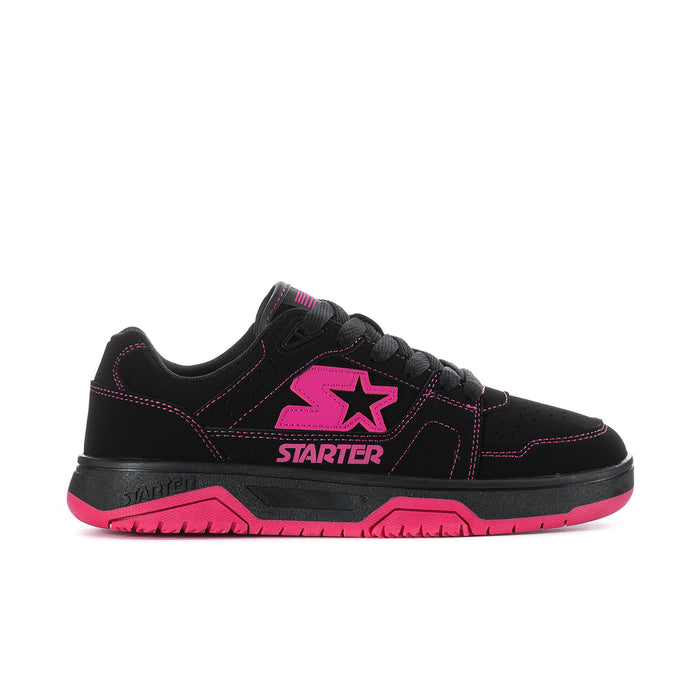 Women's black low-top sneakers with fuchsia star logo, lace-up design