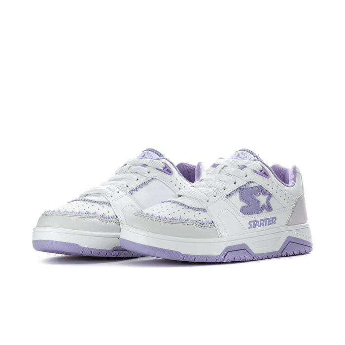 Women's low-top sneakers, white uppers with lavender heel and side star graphic
