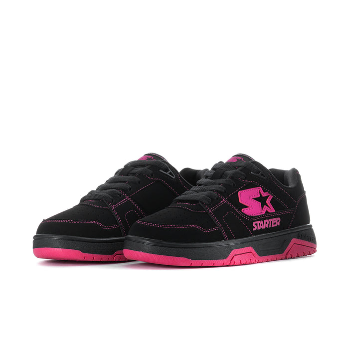 Pair of black fuchsia-accent low-top sneakers with lace-up and star side logos