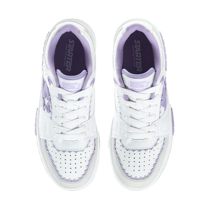 Pair of women's low-top sneakers showing white perforated panels and lavender lining