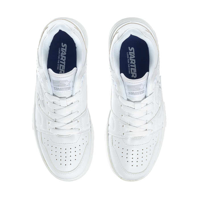 Women's white low-top sneakers, front view showing laces and padded tongue lining