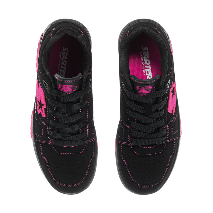 Black low-top sneakers with fuchsia laces and 'Starter' logo on the tongue