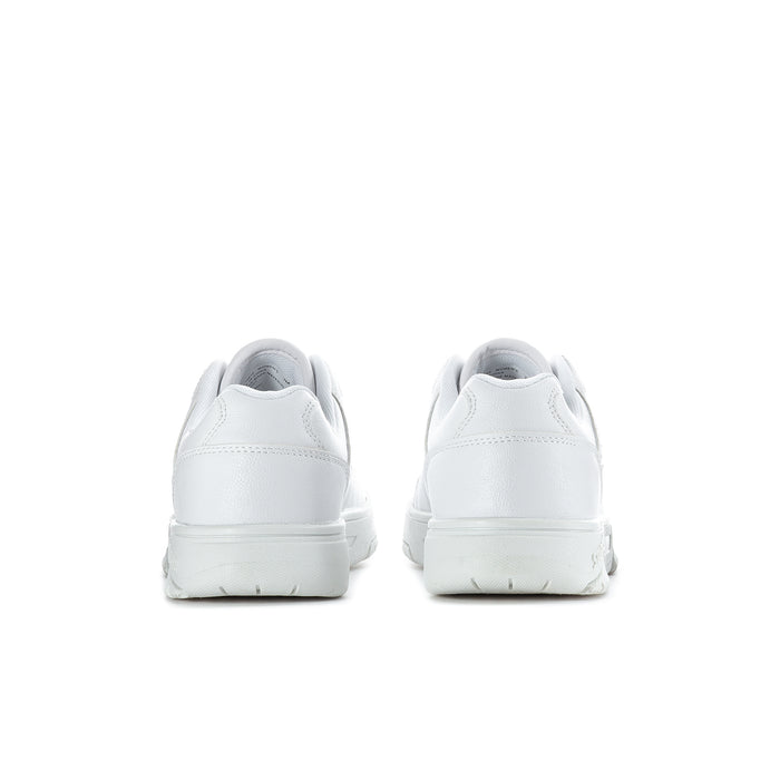 Women's white low-top sneakers, rear view with heel tab and cushioned back