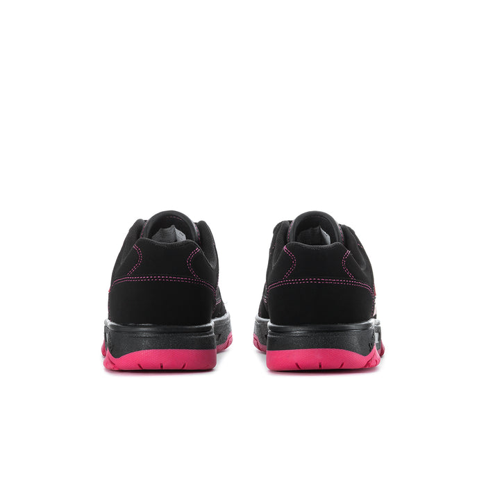 Black low-top sneakers with fuchsia midsole accents, rear view