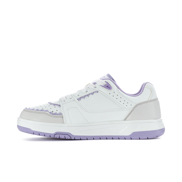 Women's low-top sneakers quarter view, white leather with purple star detail