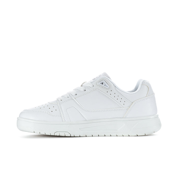 Women's white low-top sneakers, front three-quarter view with lace eyelets