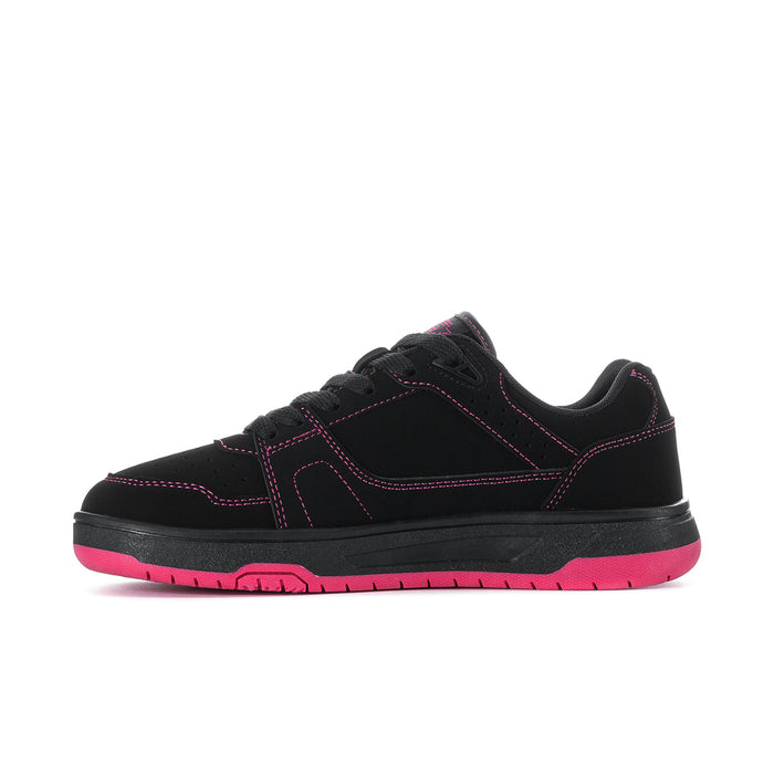 Black low-top sneakers with fuchsia stitching and star emblem, side view