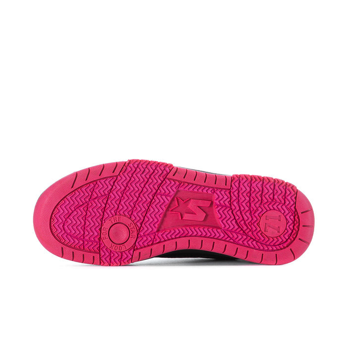 Low-top sneakers outsole with pink fuchsia treaded rubber, underside view