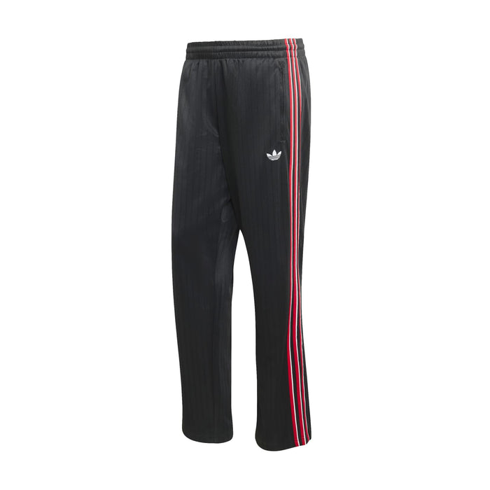 Black track pants with elastic waist, small logo, and red-and-white side stripe
