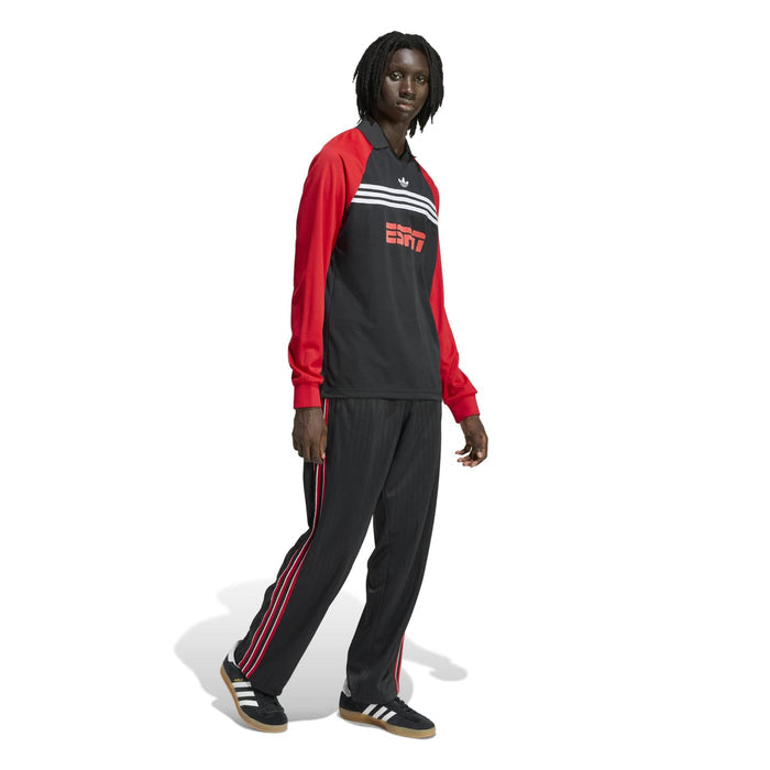 Mens black track pants with red side stripe and elastic waistband
