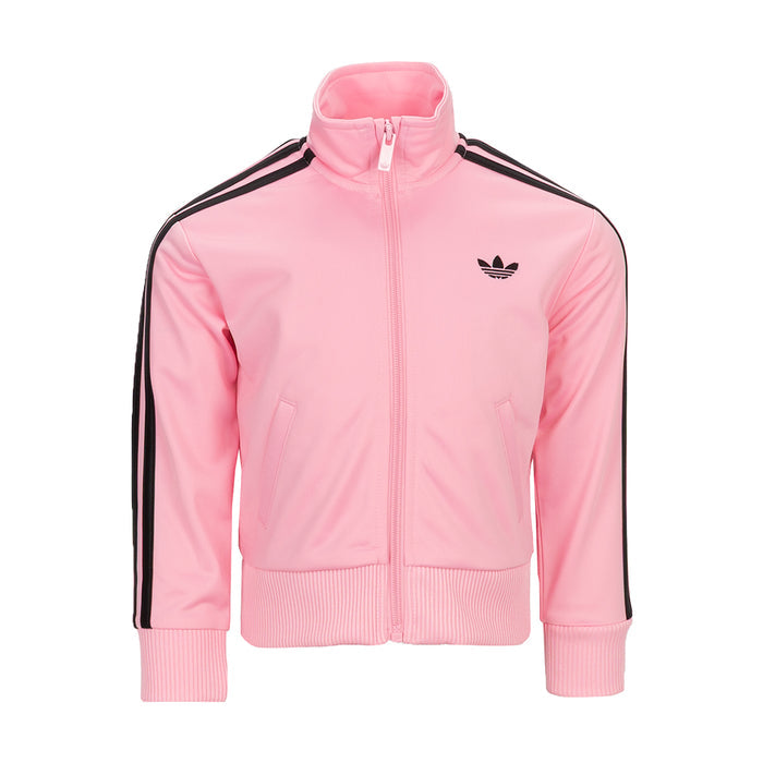Youth pink track jacket with full-zip, hood, ribbed cuffs and black side stripes